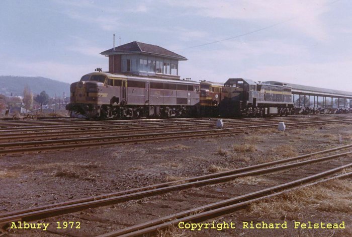 A pair of 44 class locos wait to be detached from a southbound goods train outside South Box.  The VR X class loco on the adjacent track will take the train the rest of the way to Melbourne.