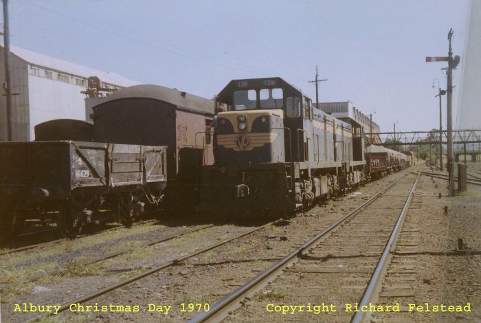 A pair of VR T class locos are waiting to depart for Melbourne in the Up Yard.