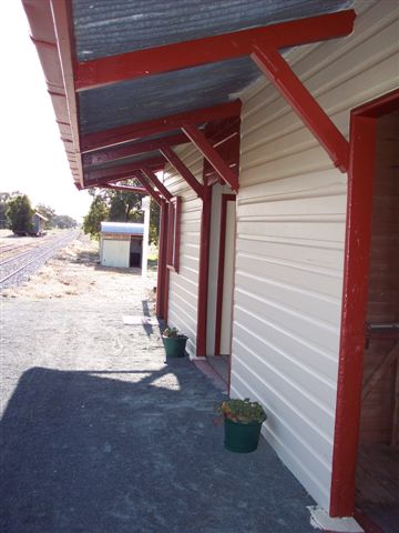 The view looking down the line showing the newly repainted station building.