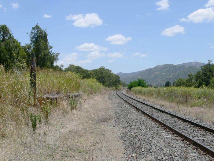 The view looking down past the loading bank. The goods siding, and the passing loop opposite, have been lifted.