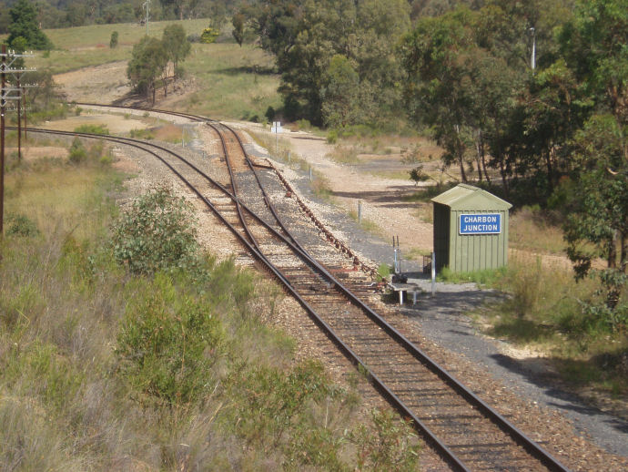 The view looking down the line towards the junction, with the short branch to the Colliery leading off to the right.