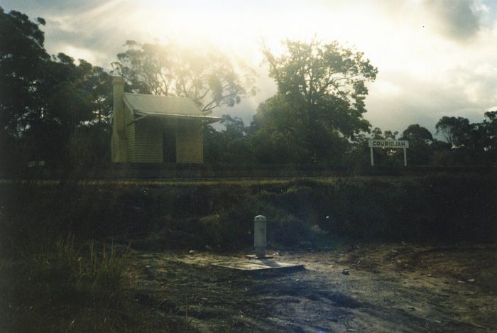 
A pre-restoration view of the station and nameboard.
