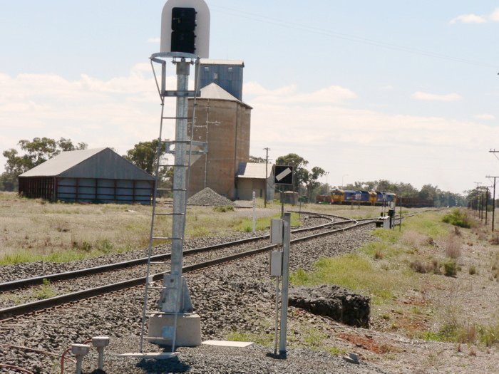 The view looking north as a pair of locomotives shunt the grain siding.