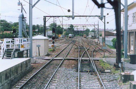 The view looking north from Gosford Railway Station towards Etna Street roadbridge.  Photograph taken from the drivers' cabin of locomotive 8239,     which was on display at Platform One at Gosford Railway Station.