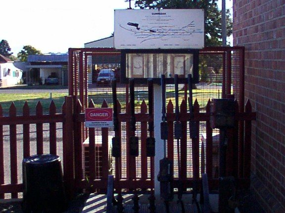 
The 6-lever frame and yard diagram on the platform at Gunnedah.
