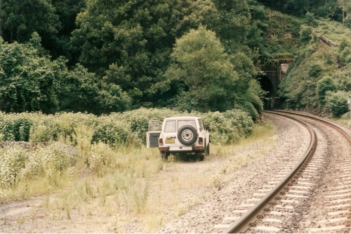 The Down (Moss Vale) portal area. The hi-rail has just left the tunnel.