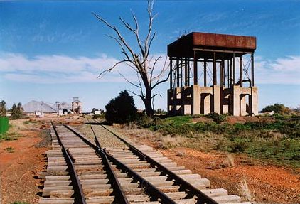 
The view looking back from the end of the line, showing the unusual
foundations for the water tank.
