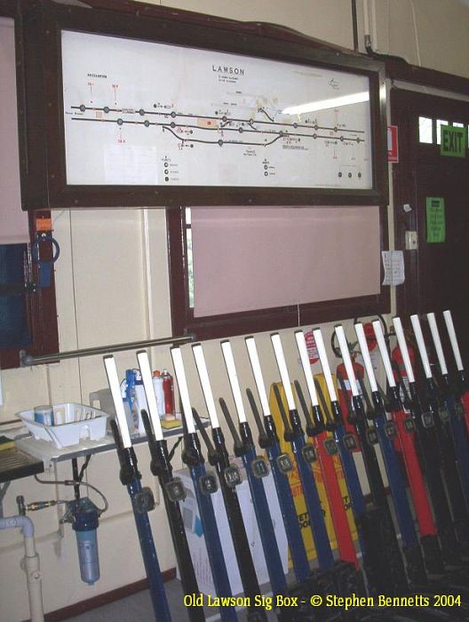 
The lever frame and signal diagram in the old Lawson signal box.
