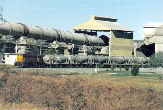 The view looking into the cement works, showing shunting operations in progress.