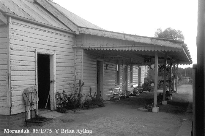 
Morundah station was still manned when photographed from the Tocumwal
passenger service, looking south in May 1975.
