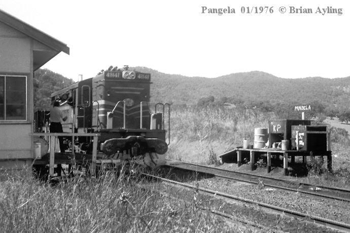 
The staff is about to be exchanged with an up train at Pangela Signal Box
in January 1976.
