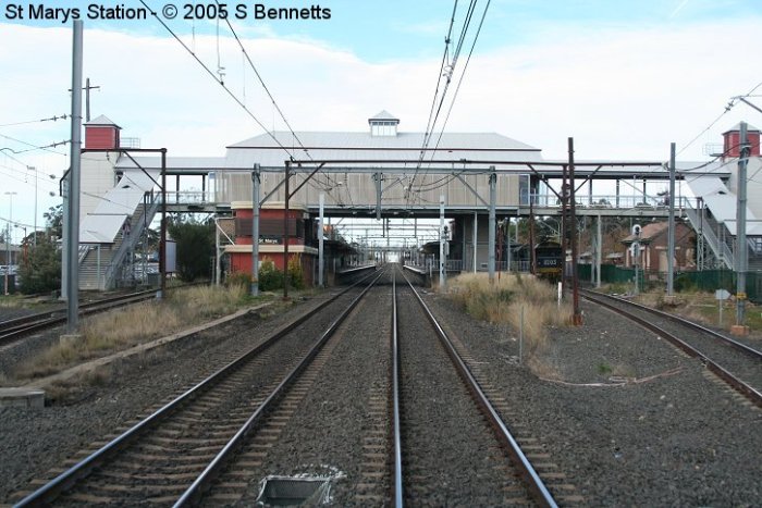 A view of St Marys station looking east showing western end of platforms. An empty coal train can be seen sitting waiting for the road to head west on platform 4 in the right of the photo.