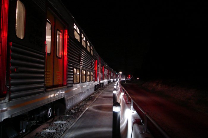 A night photo of Sutherland turnback facility looking north, back towards the station.