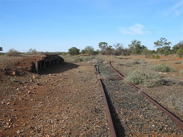 The remains of the yard at Tarcoon, facing in the direction of Brewarrina. The platform on the left is the loading platform.
