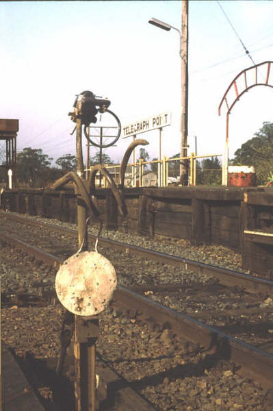 A close-up view of the automatic staff exchanger which was ready for a north bound freight.