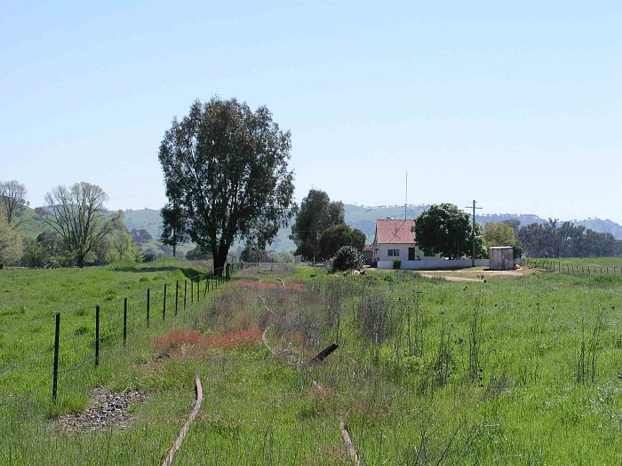 
Looking back up the line at the site of Tumblong station.  The loading
bank is just behind the tree, with the platform being located opposite.
The house is the former station-masters residence.
