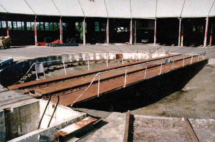 A view of the turntable and surrounding roundhouse.
