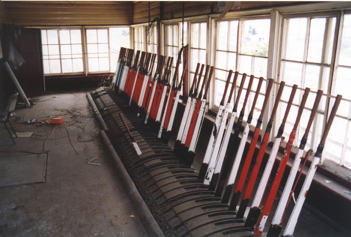 
The 50-lever frame is still present inside the Wallerawang West box, although
everything else (including the connections) have been removed.
