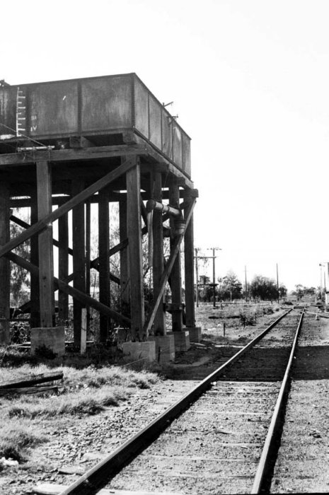 The view looking up the line past the elevated water tank.