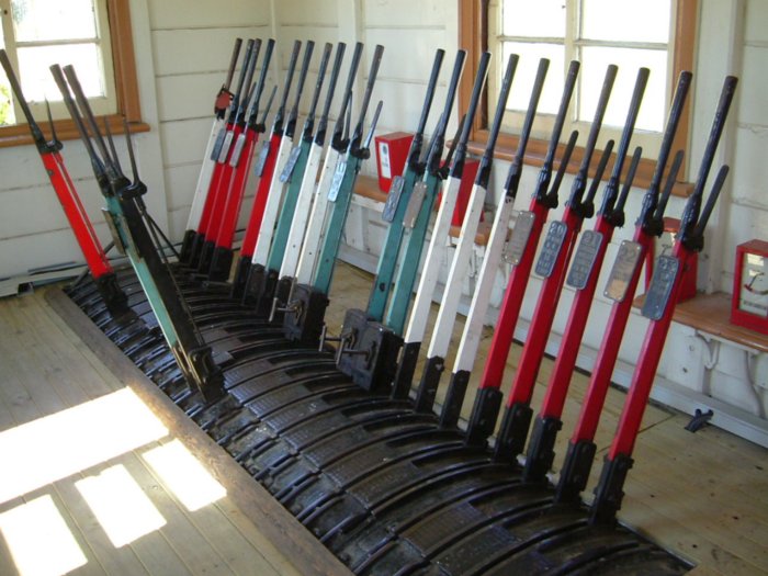 A closer view of the lever frame inside the signal box.